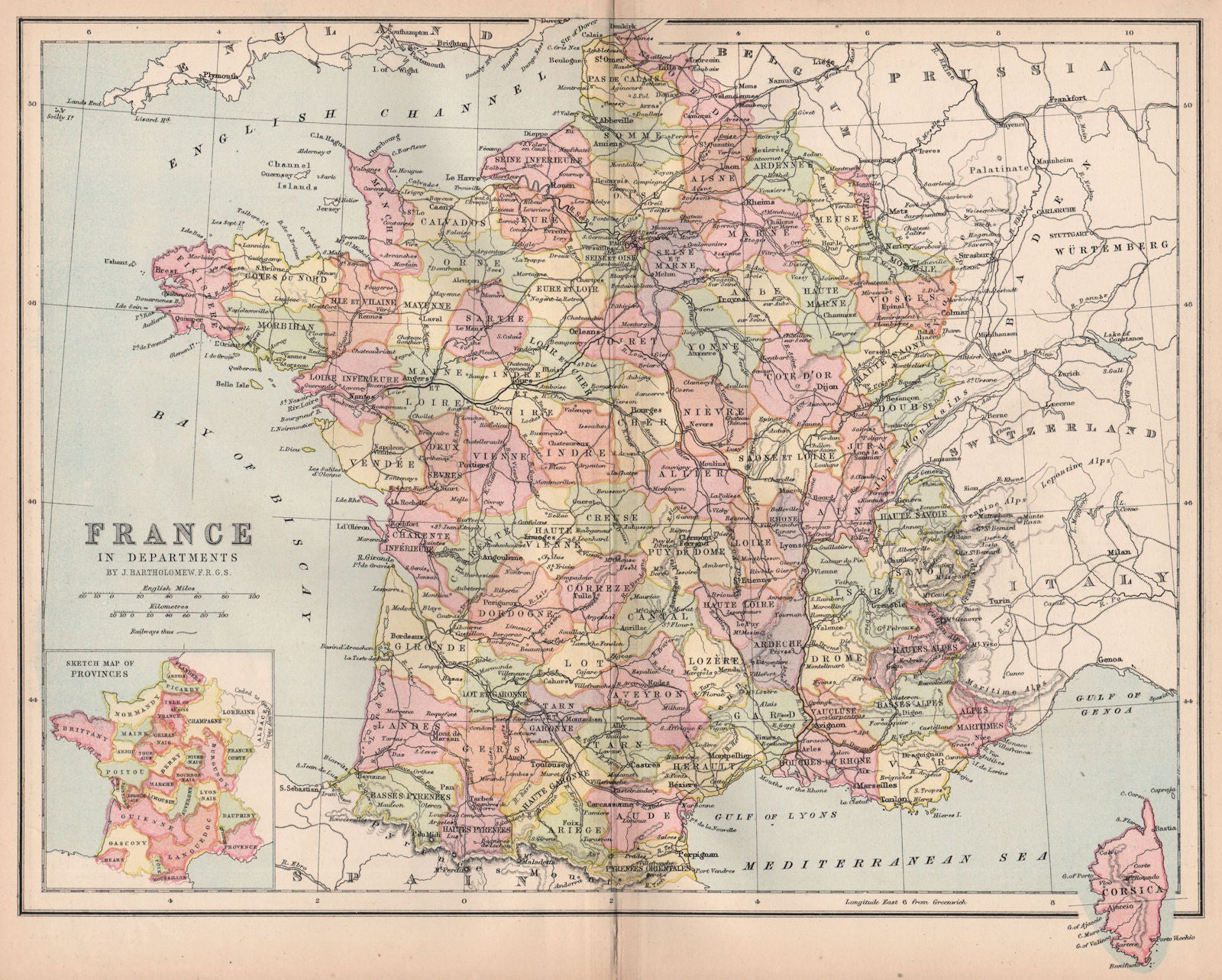 'France in Departments'. w/o Alsace Lorraine & Menton. BARTHOLOMEW 1878 map